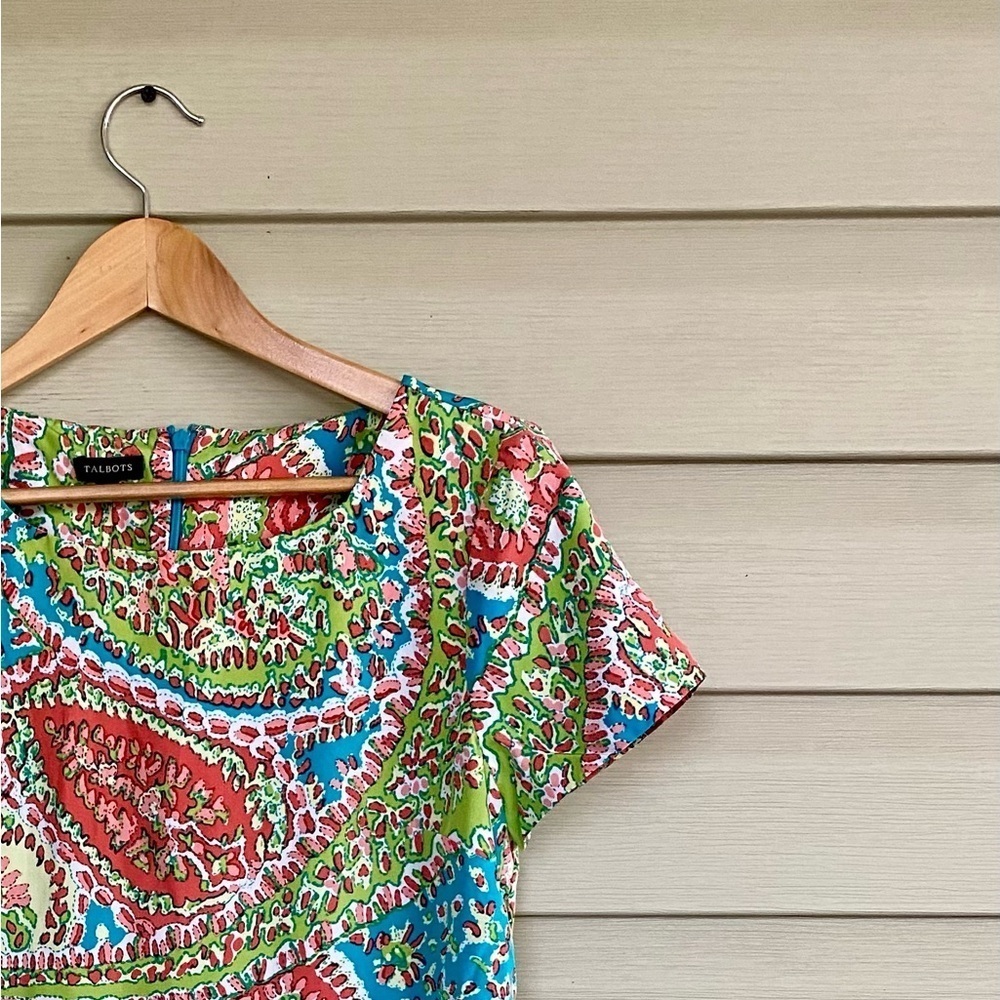 TALBOTS 100% silk sheath dress bright colors paisley preppy chic casual sz 6 EUC